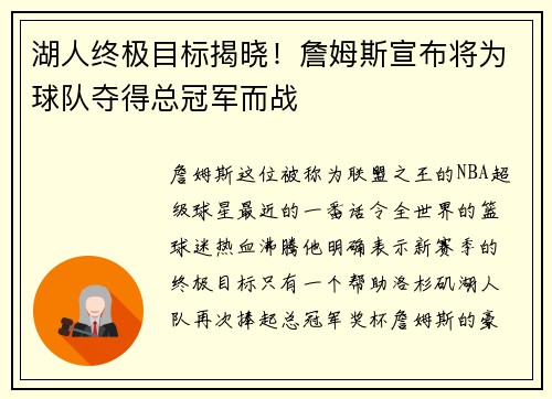 湖人终极目标揭晓！詹姆斯宣布将为球队夺得总冠军而战